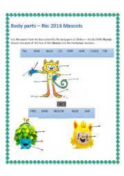 English Worksheet: BODY PARTS -  OLYMPICS 2016 Mascots 