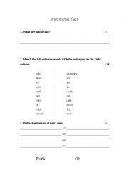 English Worksheet: Antonyms Test - Low Range