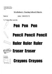 English Worksheet: Tracing School Objects and Coloring Them