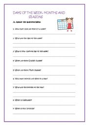 English Worksheet: days, months and seasons