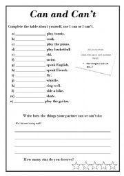 English Worksheet: Can and cant - abilities