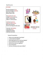 English Worksheet: MY MUM (a poem)