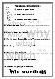 English Worksheet: Wh- questions
