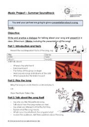 English Worksheet: Summer Soundtrack (Music Project)  - Present your favourite song in a role play