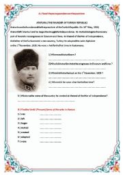 English Worksheet: Reading Passage About Ataturk ( The Founder of Turkish Republic)