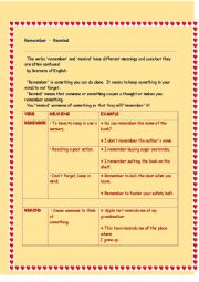 English Worksheet: remind remember