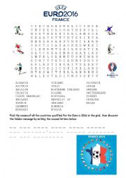 English Worksheet: Euro UEFA 2016 football wordsearch with hidden message