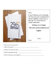 English Worksheet: BirthdayCard reading