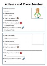 English Worksheet: Adress and Phone Number