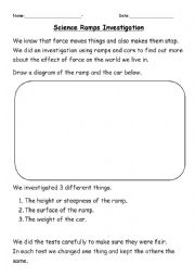 English Worksheet: Science forces, toy car ramps