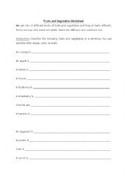 Fruits and Vegetables Worksheet -- Writing Sentences