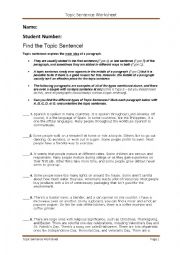 English Worksheet: Find the Topic Sentence!