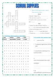 English Worksheet: SCHOOL SUPPLIES - EXERCISE-CROSS WORD - WORDSEARCH