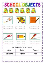 English Worksheet: SCHOOL SUPPLY (CUT AND PASTE)