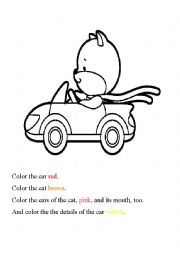 English Worksheet: Color the cat in the car