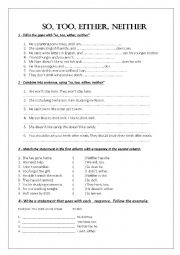 English Worksheet: So, Too, Either, Neither