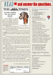 English Worksheet: Let Killer elephant live ! Reading Comprehension + Questions + KEY.