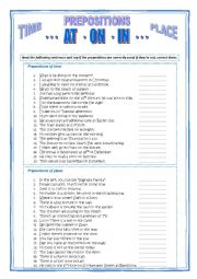 English Worksheet: Prepositions of time & place - AT, ON, IN