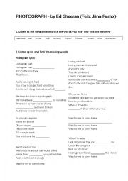 English Worksheet: Photograph - by Ed Sheeran (Felix Jhn Remix)