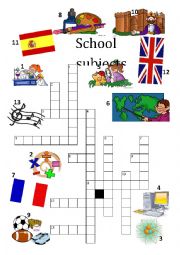 English Worksheet: School subjects crosswords