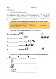 Elementary test, Verb to be, Demonstratives and Possessive adjectives