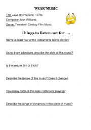 English Worksheet: Fear Music Jaws Listening Worksheet