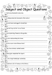 English Worksheet: Subject and Object Questions all tenses