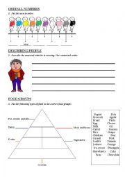 English Worksheet: Exam (food, ordinal numbers, stative verbs, dictation)