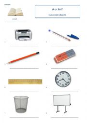 English Worksheet: A or An - classroom objects (key included)
