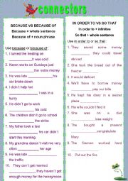 English Worksheet: BECAUSE BECAUSE OF IN ORDER TO