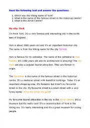 English Worksheet: Reading: My city - York