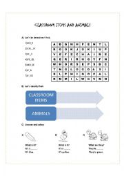 English Worksheet: CLASSROOM ITEMS AND ANIMALS REVIEW