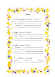 English Worksheet: Review Verb To Be Articles