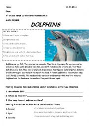 English Worksheet: prepositions, reading about dolphins