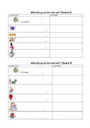 English Worksheet: Pair work activities last weekend