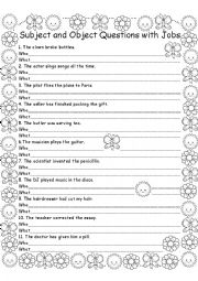 English Worksheet: Subject and Object Questions all tenses with Jobs