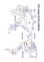 English Worksheet: Five oceans and Six continents