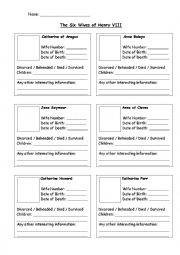 English Worksheet: material for Henry VIII and his six wives
