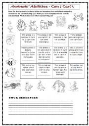 English Worksheet: Animals Abilities Can - Cant