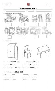 test parts of the body, parts of the house, prepositions