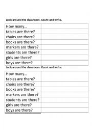 English Worksheet: classroom, how many, there is, there are