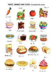 English Worksheet: Food, drinks and fruits - Missing letters