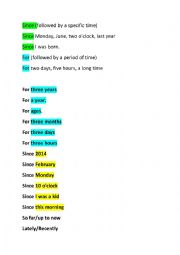 English Worksheet: present perfect tense for and since