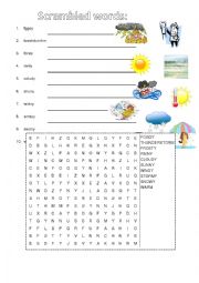 English Worksheet: weather wordsearch unscramle