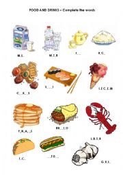 English Worksheet: Food, drinks, vegetables - Missing letters - 2