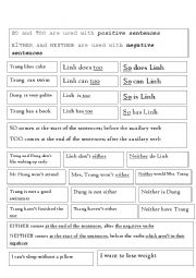 English Worksheet: so too either and neither