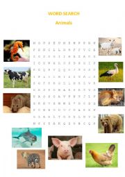 English Worksheet: Animals Word Search (key included)
