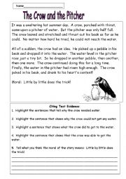 English Worksheet: The Crow and the Pitcher:  A Fable by Aesop