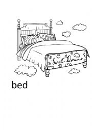 English Worksheet: In the bed room coloring