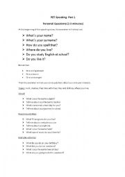 English Worksheet: PET Speaking Part I